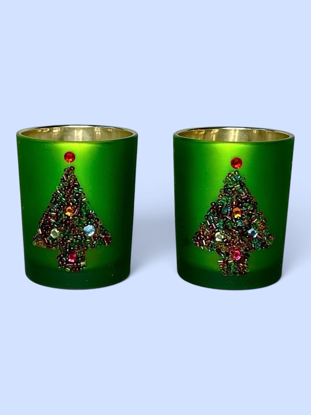 Mercury Glass Candle Holders Frosted Green Rhinestone Beaded Tree GANZ Set of 2
